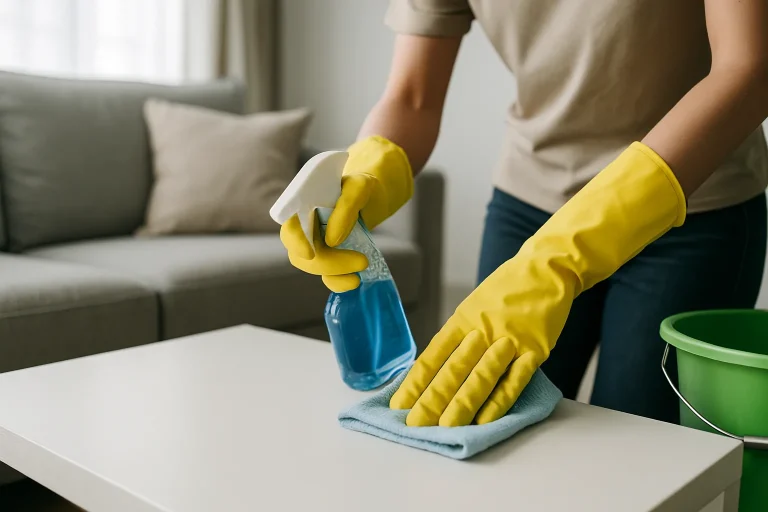 Mains en gants utilisant des outils de nettoyage dans un appartement, lumière neutre.
