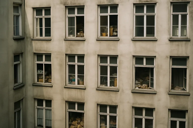 Façade d'un immeuble avec plusieurs fenêtres, illustrant un débarras complexe
