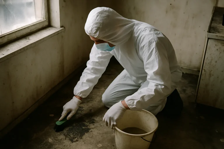 Technicien en combinaison nettoyant un appartement insalubre avec lumière naturelle.
