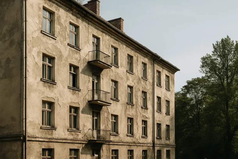 Façade d'un immeuble résidentiel ancien avec des signes d'usure visible en plein jour.