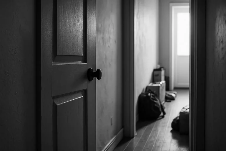 Porte d'entrée entrebâillée d'un appartement Diogène, couloir encombré visible