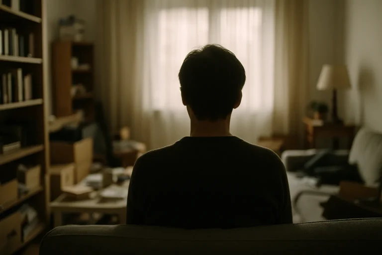 Silhouette floue de dos d'une personne dans un salon encombré, lumière douce.