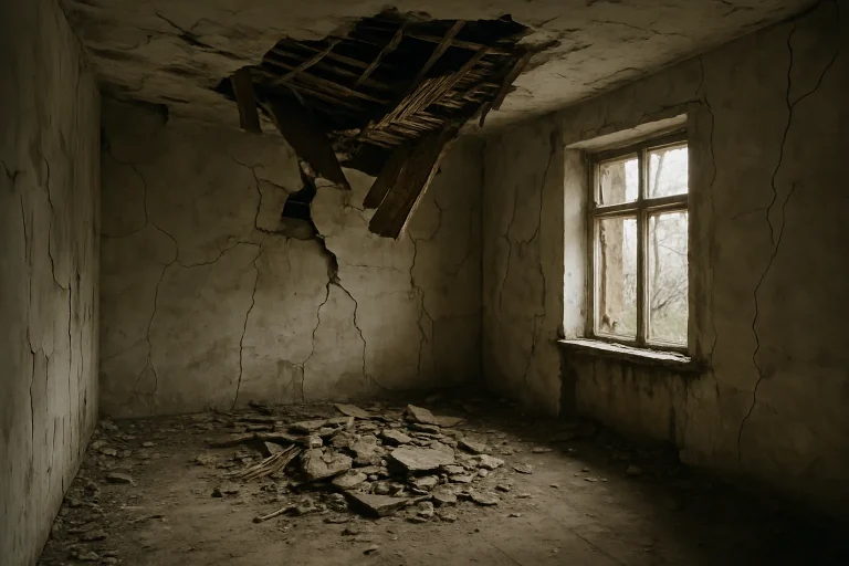 Pièce avec plafond effondré et murs fissurés, lumière douce par fenêtre cassée.