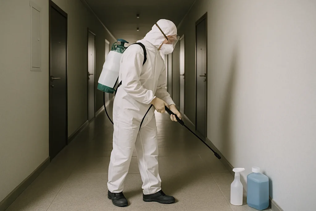 Technicien en combinaison de désinfection dans un couloir, produits visibles.