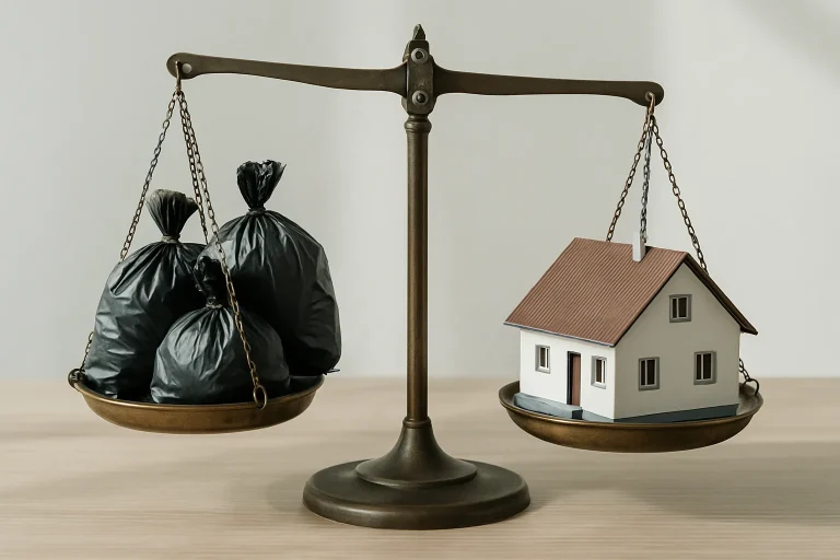 Balance montrant des sacs de déchets et un plan de logement miniature.