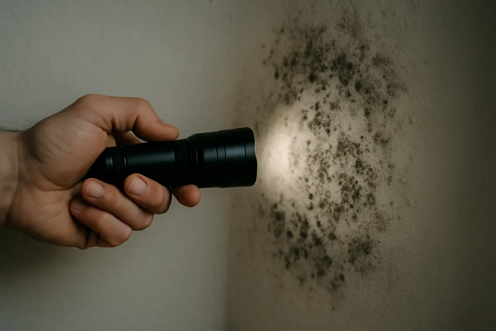 Main tenant une lampe torche éclairant un mur infesté, détails visibles