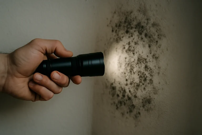 Main tenant une lampe torche éclairant un mur infesté, détails visibles