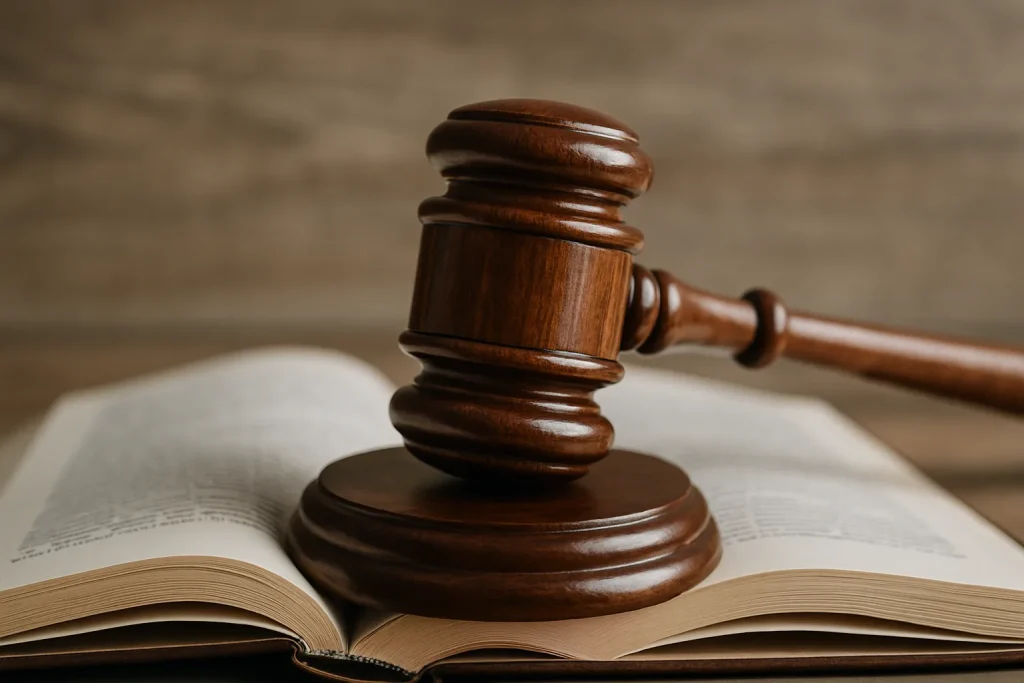 Marteau de juge en bois sur un livre de droit ouvert, lumière naturelle