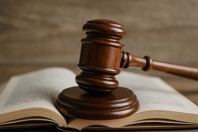 Marteau de juge en bois sur un livre de droit ouvert, lumière naturelle