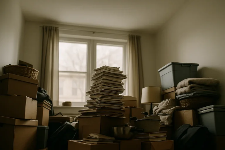 Vue d'un appartement encombré avec piles d'objets, lumière douce entrant par les fenêtres
