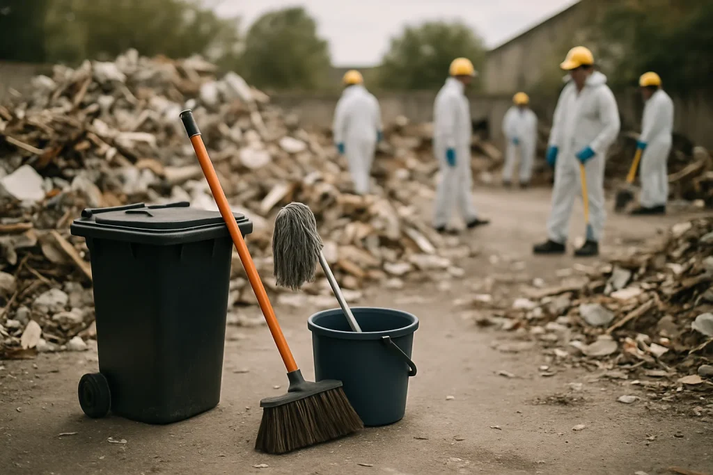 Chantier avec piles de débris, techniciens en arrière-plan, équipement de nettoyage.