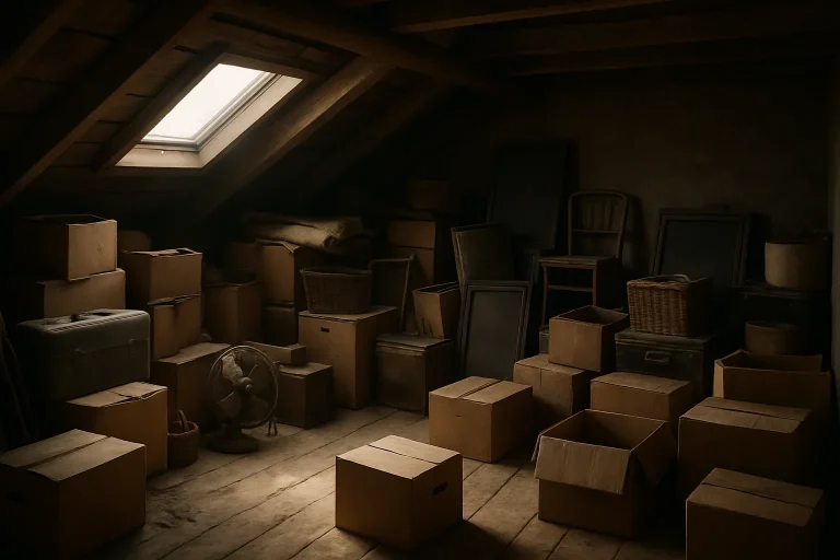 Grenier rempli de cartons et objets sous une lumière douce d'une lucarne.
