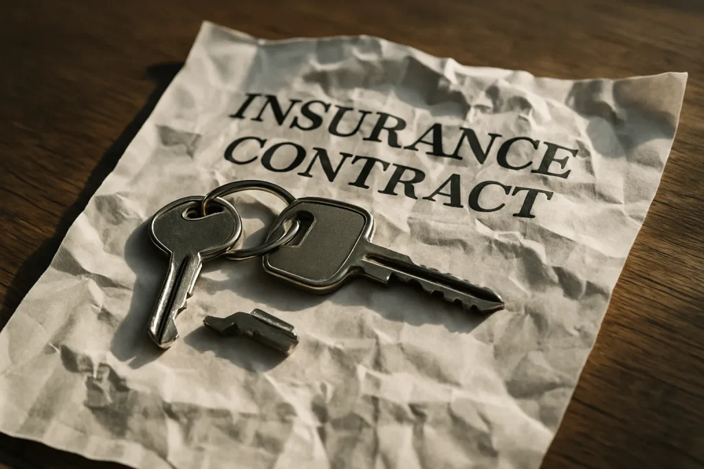 Des clés cassées et un contrat d'assurance froissé sur une table en bois.