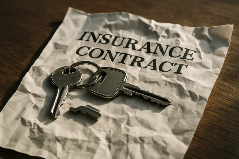 Des clés cassées et un contrat d'assurance froissé sur une table en bois.