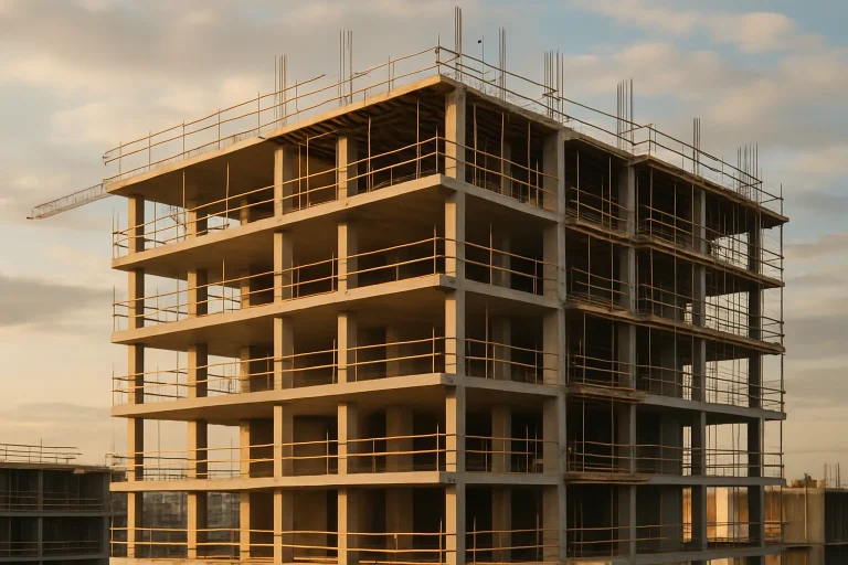Chantier de construction avec échafaudages sous un ciel nuageux, lumière douce.