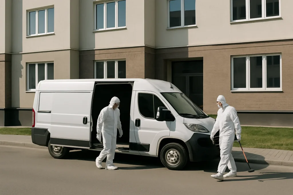 Vue extérieure d'un bâtiment avec une camionnette de nettoyage et des techniciens en combinaison prêts à intervenir.