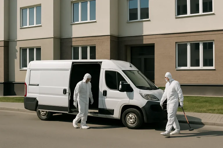 Vue extérieure d'un bâtiment avec une camionnette de nettoyage et des techniciens en combinaison prêts à intervenir.
