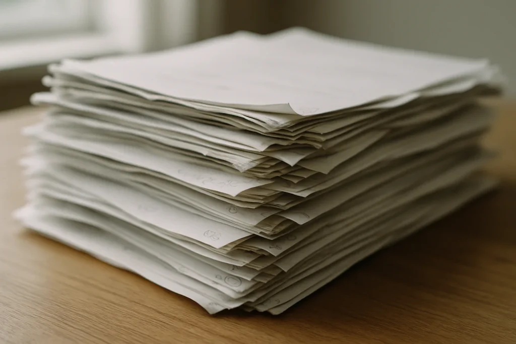 Gros plan sur une pile de papiers désordonnés à trier, lumière naturelle