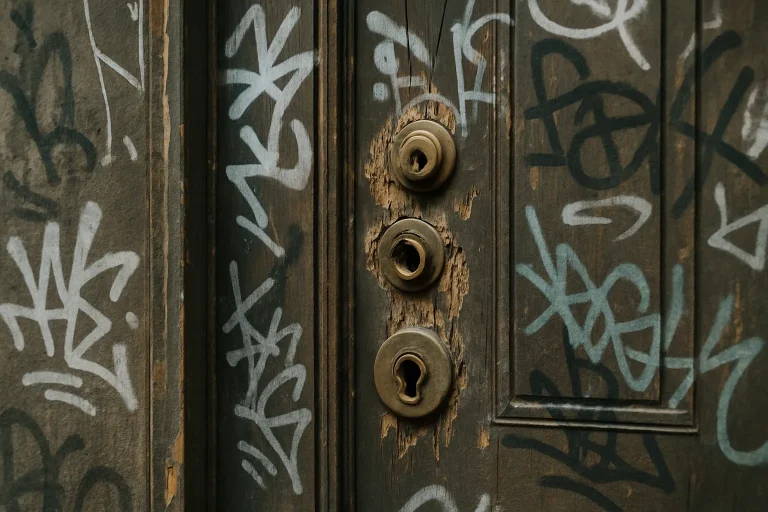 Porte d'entrée abîmée avec graffitis et serrures cassées, en gros plan.