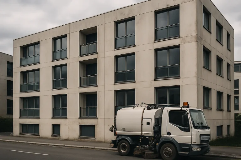 Façade d'immeuble moderne avec camion de nettoyage, ciel nuageux.