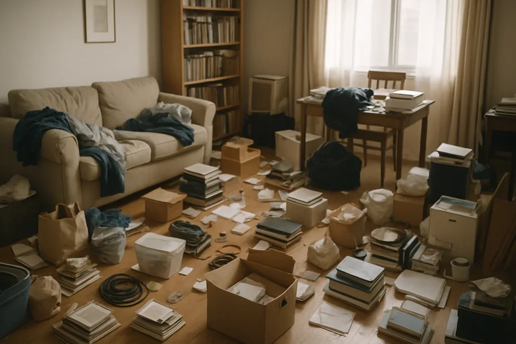 Vue d'un appartement encombré avec divers objets éparpillés, lumière douce