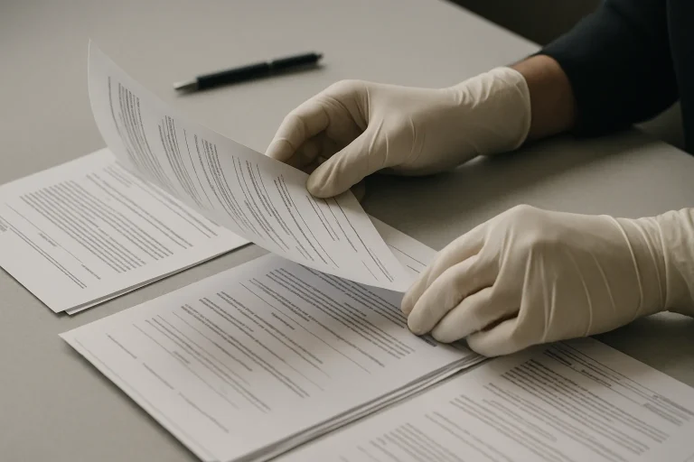 Des mains en gants manipulant des documents officiels sur une table, lumière neutre.