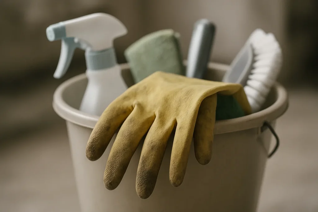 Gants de nettoyage usés sur un seau rempli d'outils avec arrière-plan flou
