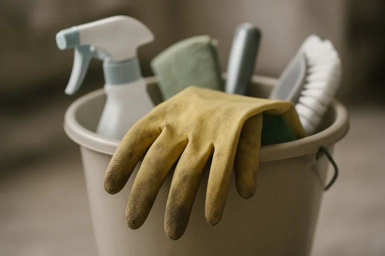 Gants de nettoyage usés sur un seau rempli d'outils avec arrière-plan flou