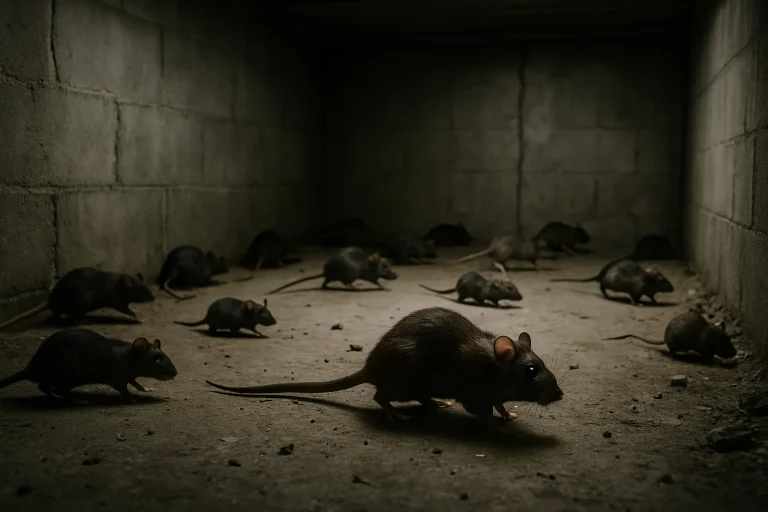 Sous-sol avec plusieurs rats visibles, murs en béton, ambiance sombre
