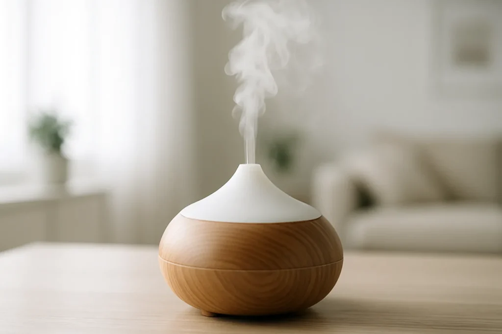 Diffuseur d'huiles essentielles diffusant de la vapeur dans une pièce lumineuse.