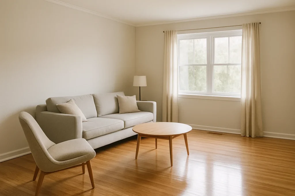 Salon rénové avec parquet brillant et murs repeints après un squat