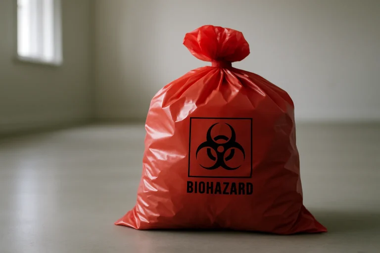 Sac de déchets biohazard scellé sur un sol propre, pièce vide en arrière-plan.