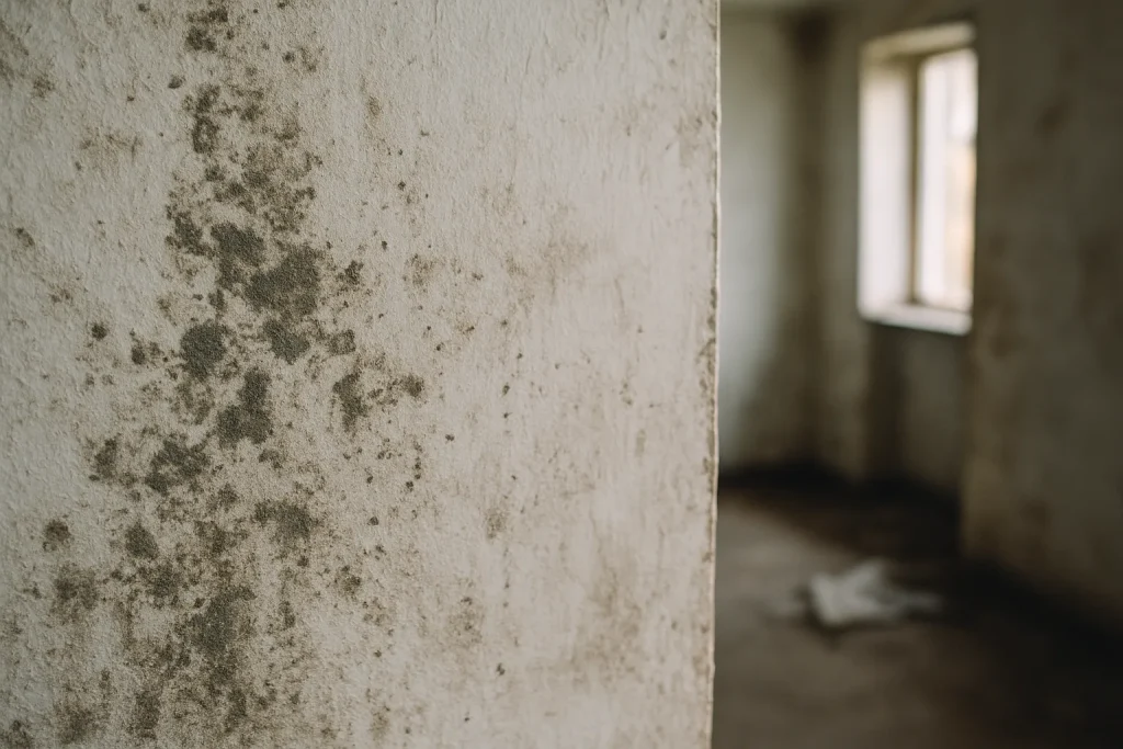 Mur intérieur avec moisissures et saleté, lumière naturelle, pièce négligée.