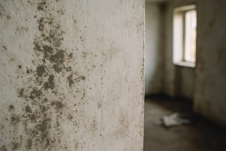 Mur intérieur avec moisissures et saleté, lumière naturelle, pièce négligée.