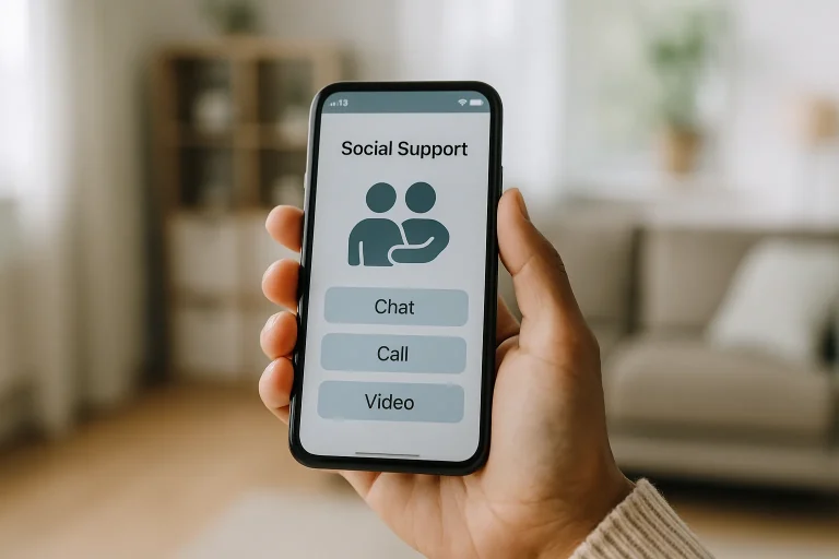 Main tenant un smartphone affichant une application de soutien social, lumière douce