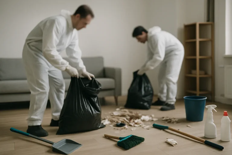 Deux personnes en combinaisons blanches nettoient un appartement envahi par les déchets, outils de nettoyage autour.