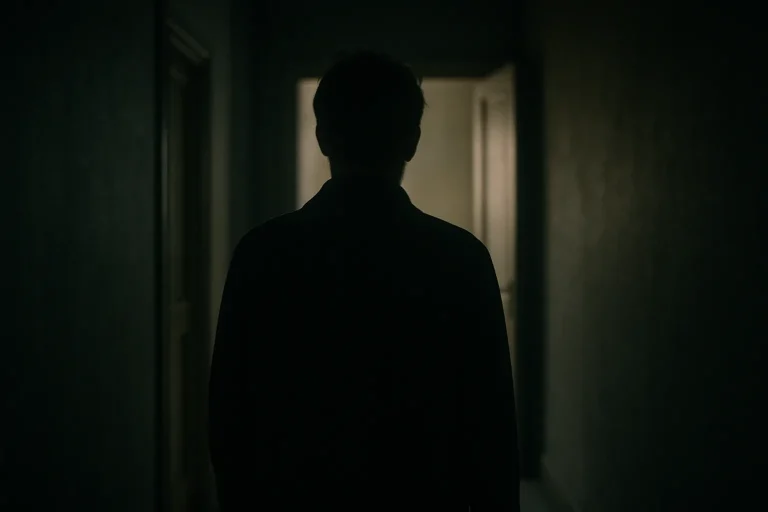 Couloir sombre avec silhouette floue, lumière douce entrant par une porte ouverte.