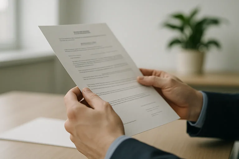 Mains tenant un document officiel sur l'insalubrité, bureau en arrière-plan