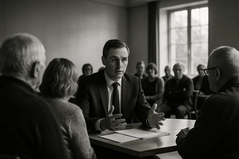 Maire en réunion avec habitants, discutant de l'insalubrité, ambiance sérieuse