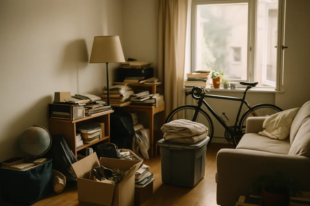 Appartement encombré avec des piles d'objets sous une lumière douce.