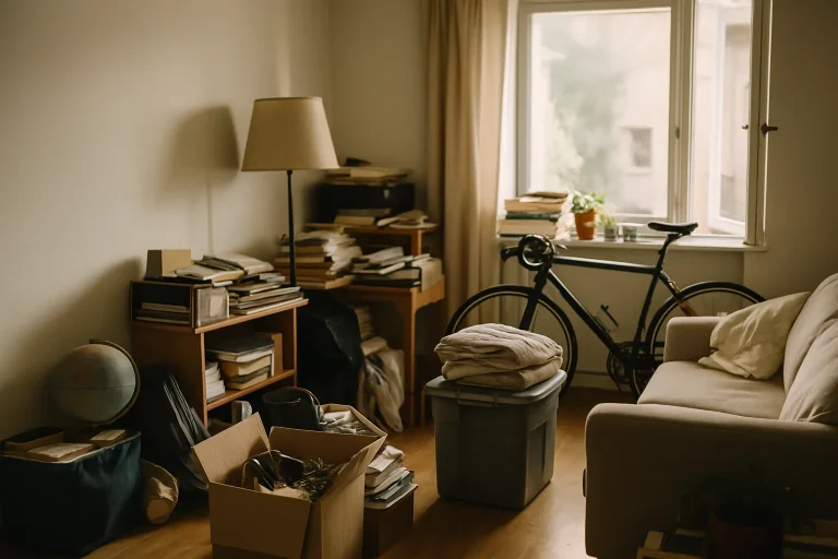 Appartement encombré avec des piles d'objets sous une lumière douce.