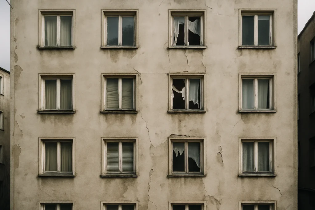 Immeuble résidentiel avec façade dégradée et rideaux déchirés, lumière du jour