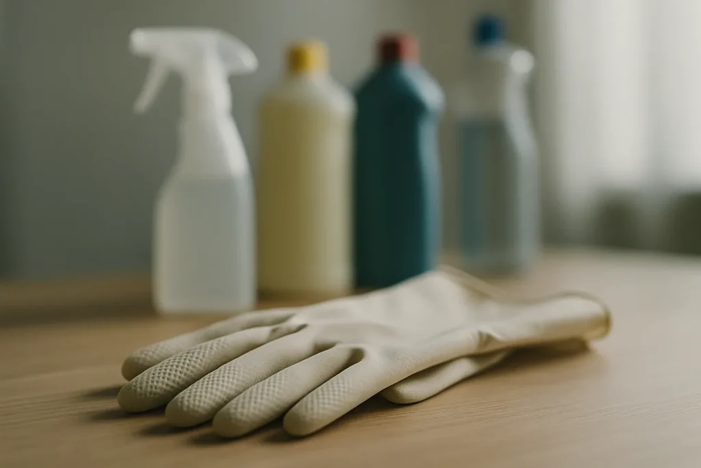 Gants en caoutchouc sur une table, arrière-plan flou avec produits de nettoyage