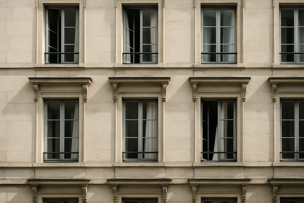 Façade d'un immeuble ancien avec fenêtres ouvertes, lumière du jour.