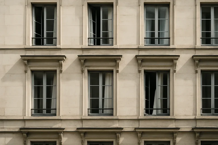Façade d'un immeuble ancien avec fenêtres ouvertes, lumière du jour.