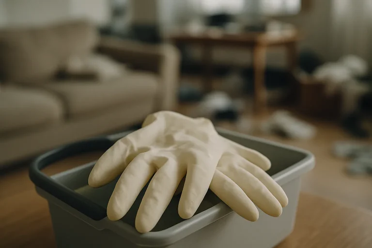 Gants en latex usagés sur une table de nettoyage, avec arrière-plan flou.