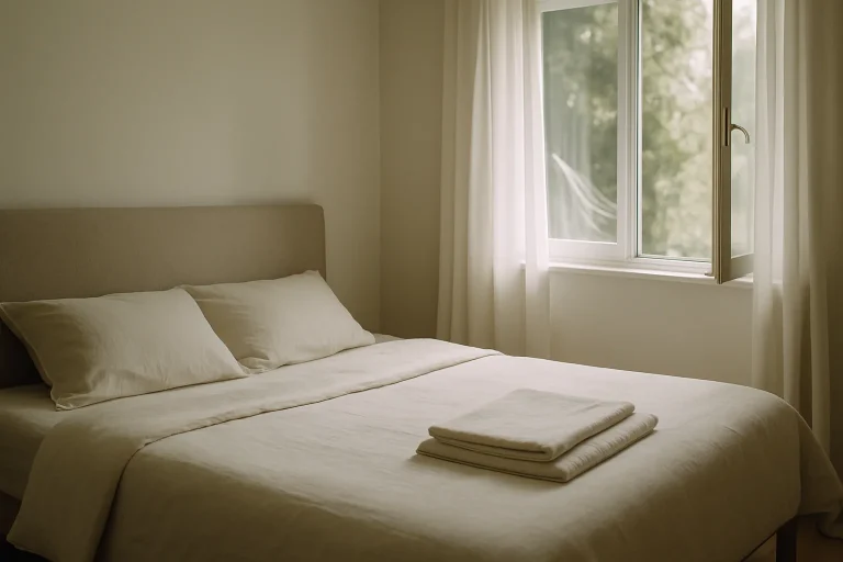 Chambre paisible avec lit vide et draps pliés, lumière douce entrant par la fenêtre.