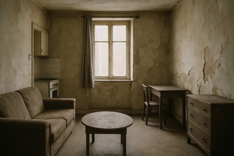 Appartement avec murs écaillés et mobilier abîmé illustrant l'insalubrité.