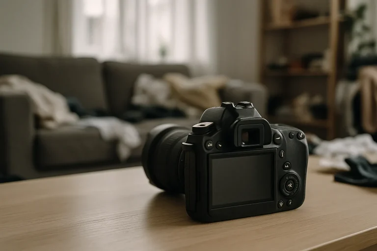Appareil photo numérique sur une table avec un intérieur en désordre en arrière-plan flou.