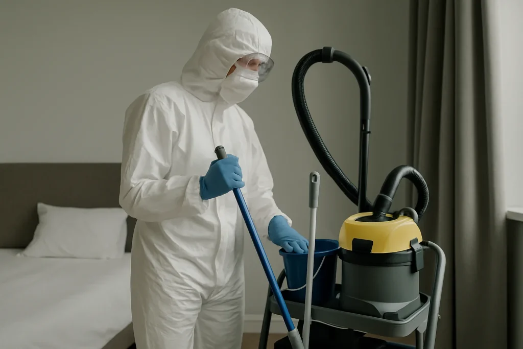 Professionnel en tenue de protection nettoyant une chambre après un décès non découvert, outils visibles.
